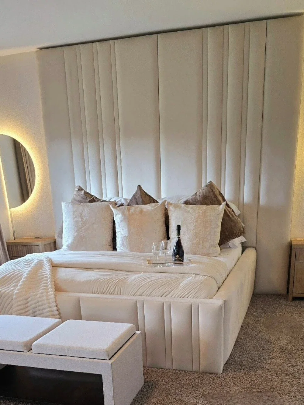 Luxurious Designer Champagne Cream Upholstered Metallic Bed Pillow Covers (3)